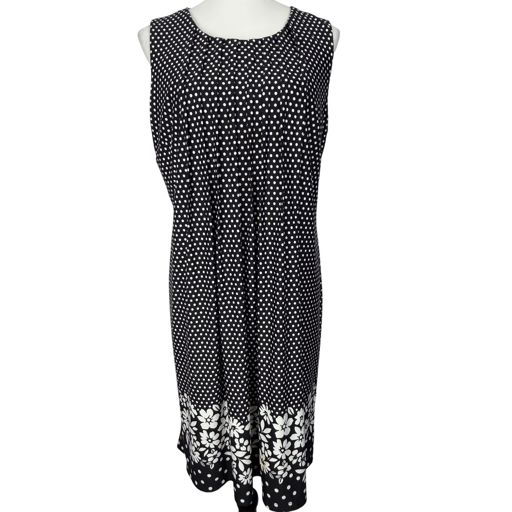 Chelsea Suite Women's 14 Polka Dot Floral Trim Dress Black/White‎ Sleeveless